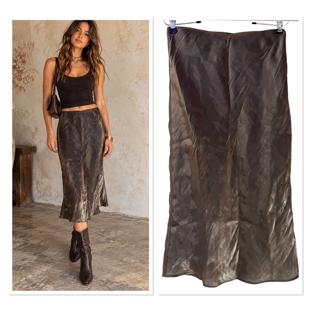Anthropologie Shimmer Midi Slip Satin Skirt Taupe Metallic Bias Cut Holiday S